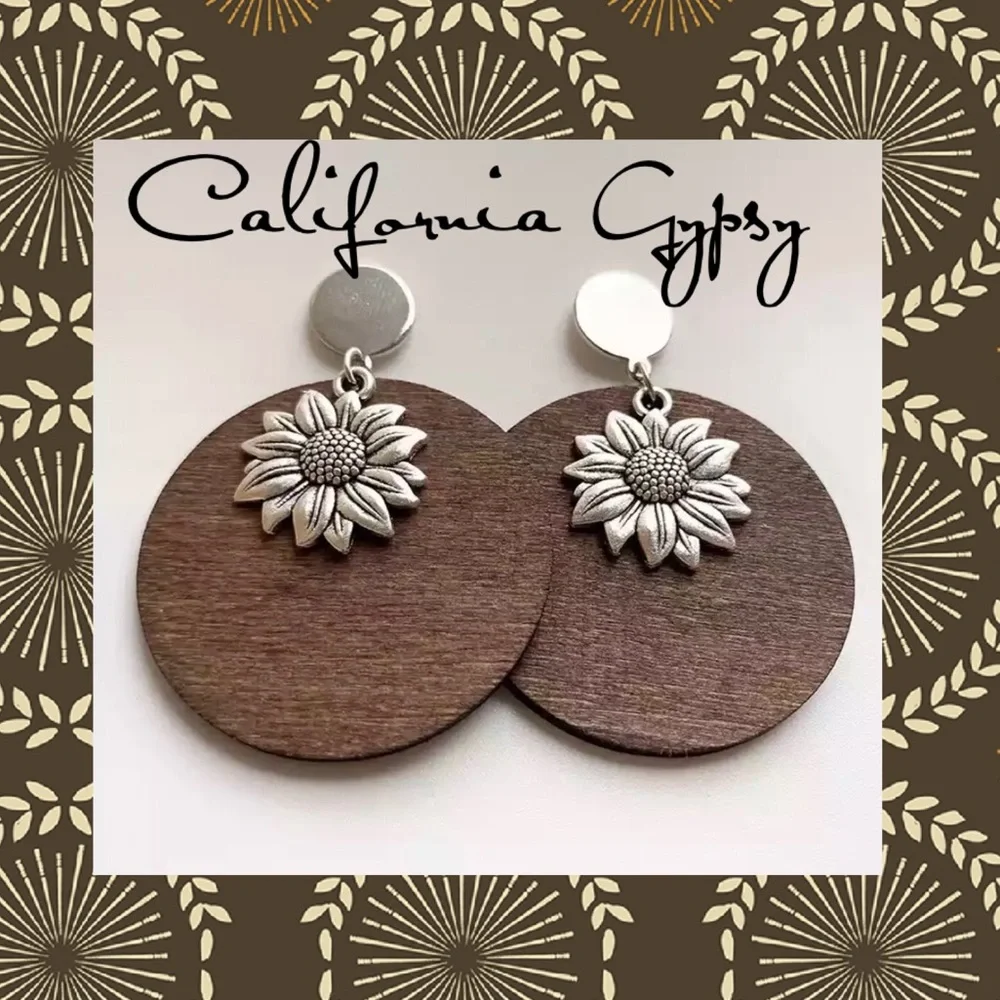 Sunflower Charm Round Wood Earring - Picture 3 of 7